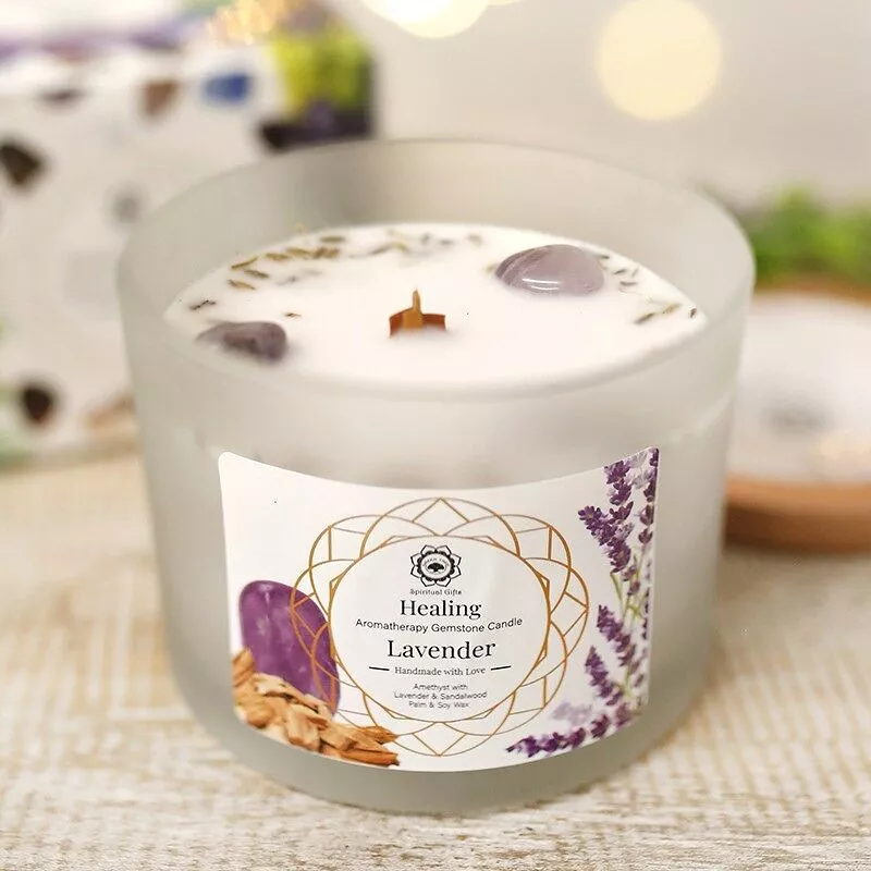 Vela de Soja Curación con Lavanda y Piedras Semipreciosas