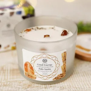 Vela de buena energía con piedras semipreciosas y palo santo