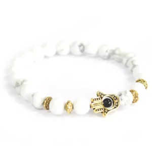 Pulsera Hamsa Dorada y Piedra Blanca