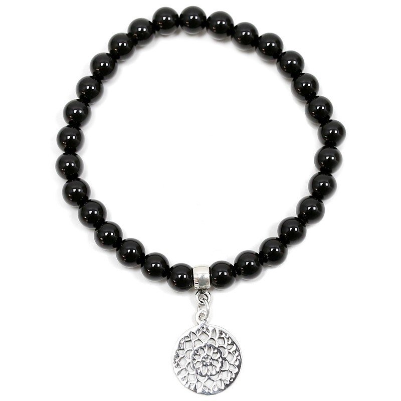 Pulsera de Ónix Negro Natural con Dije de Mandala