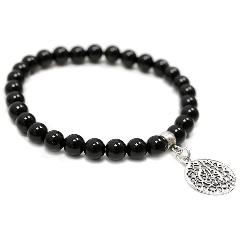 Pulsera de Ónix Negro Natural con Dije de Mandala