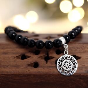 Pulsera de Ónix Negro Natural con Dije de Mandala