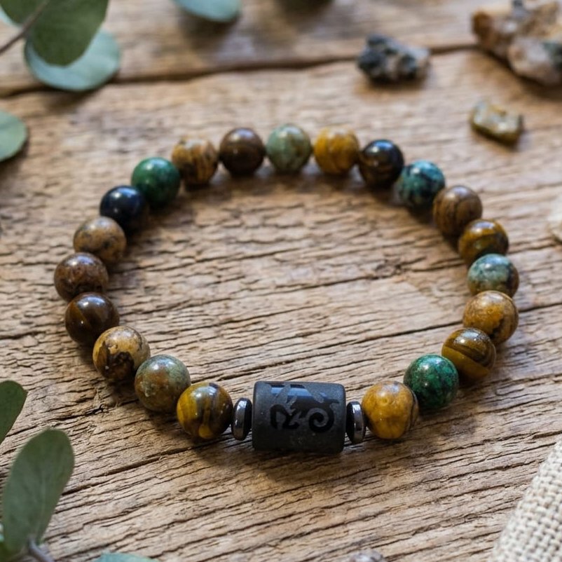 Pulsera Zodíaco Capricornio | Cuentas Naturales de Ojo de Tigre, Jaspe Paisaje y Jaspe Verde
