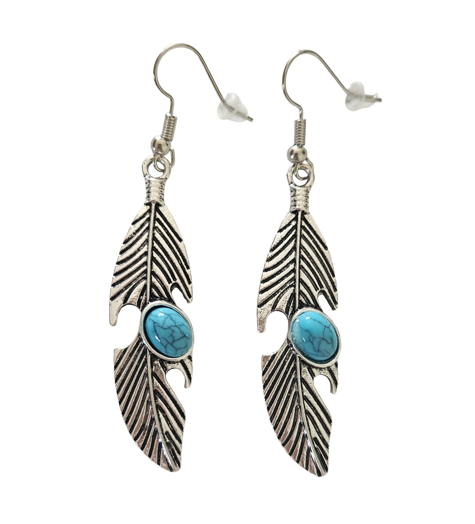 Pendientes Boho Pluma Turquesa en plata envejecida de 4,8 cm
