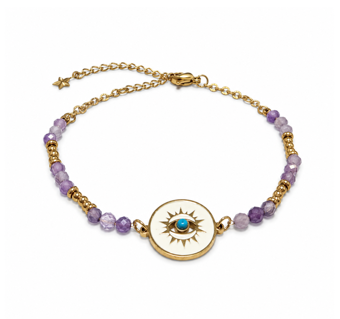 Pulsera Amatista Medalla Ojo Protector: 5 Beneficios de Paz e Intuición